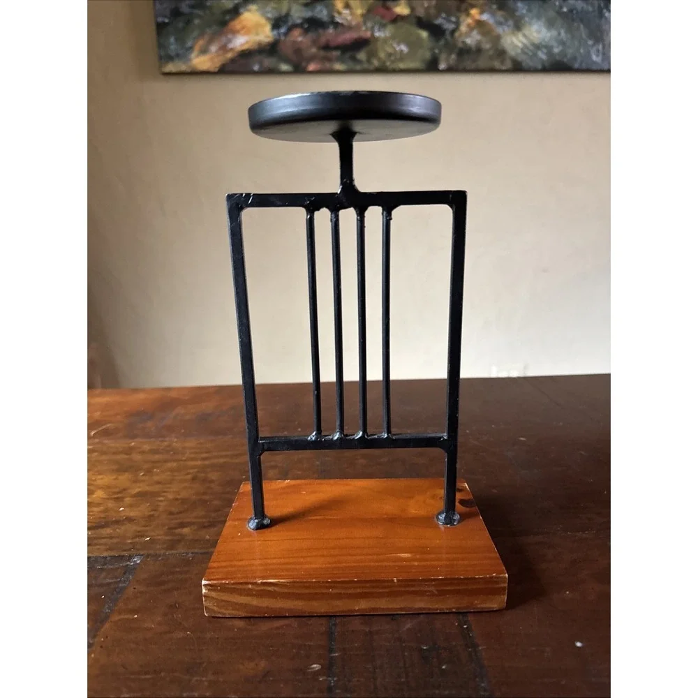 Pier 1 Pillar Candle Holder Stand Iron‎ & Wood Arts & Crafts Style 9